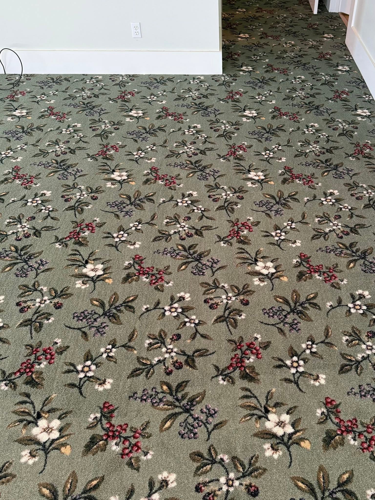 Sage green carpet with a vintage floral pattern.