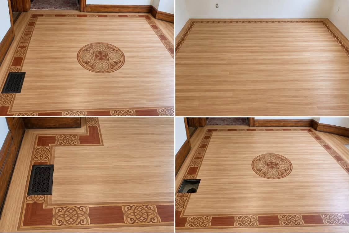 Four views of a custom 1.5-inch strip hardwood floor with a custom medallion inlay and border.