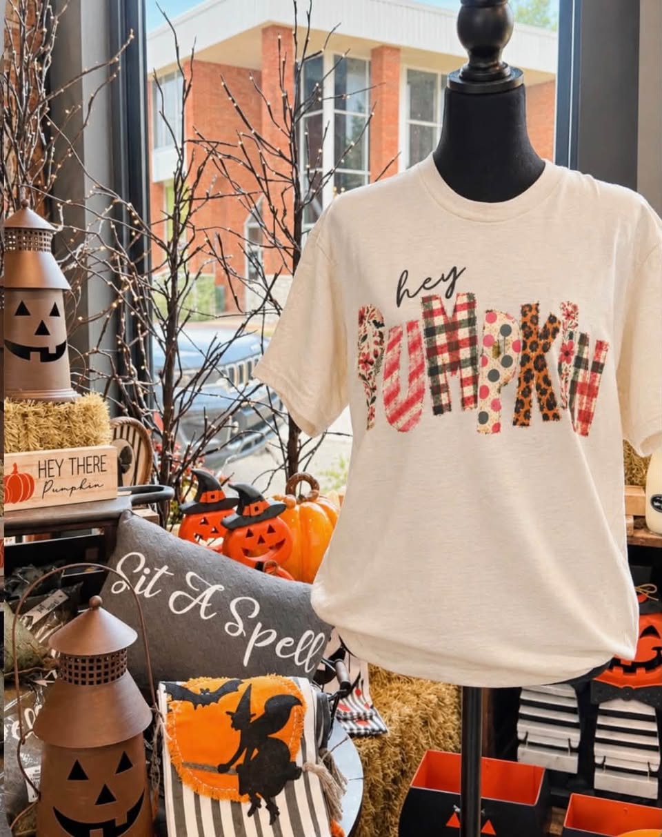 Hey Pumpkin graphic t-shirt on display in the shop window.