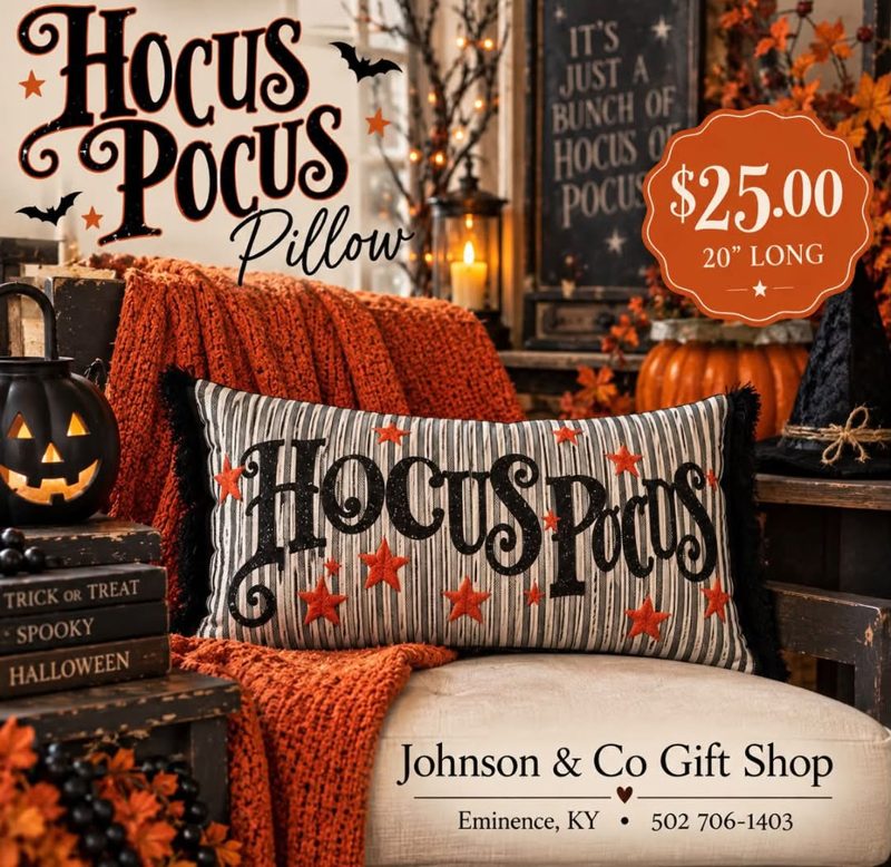 A Hocus Pocus decorative pillow, a new seasonal item at the Johnson & Co Gift Shop.