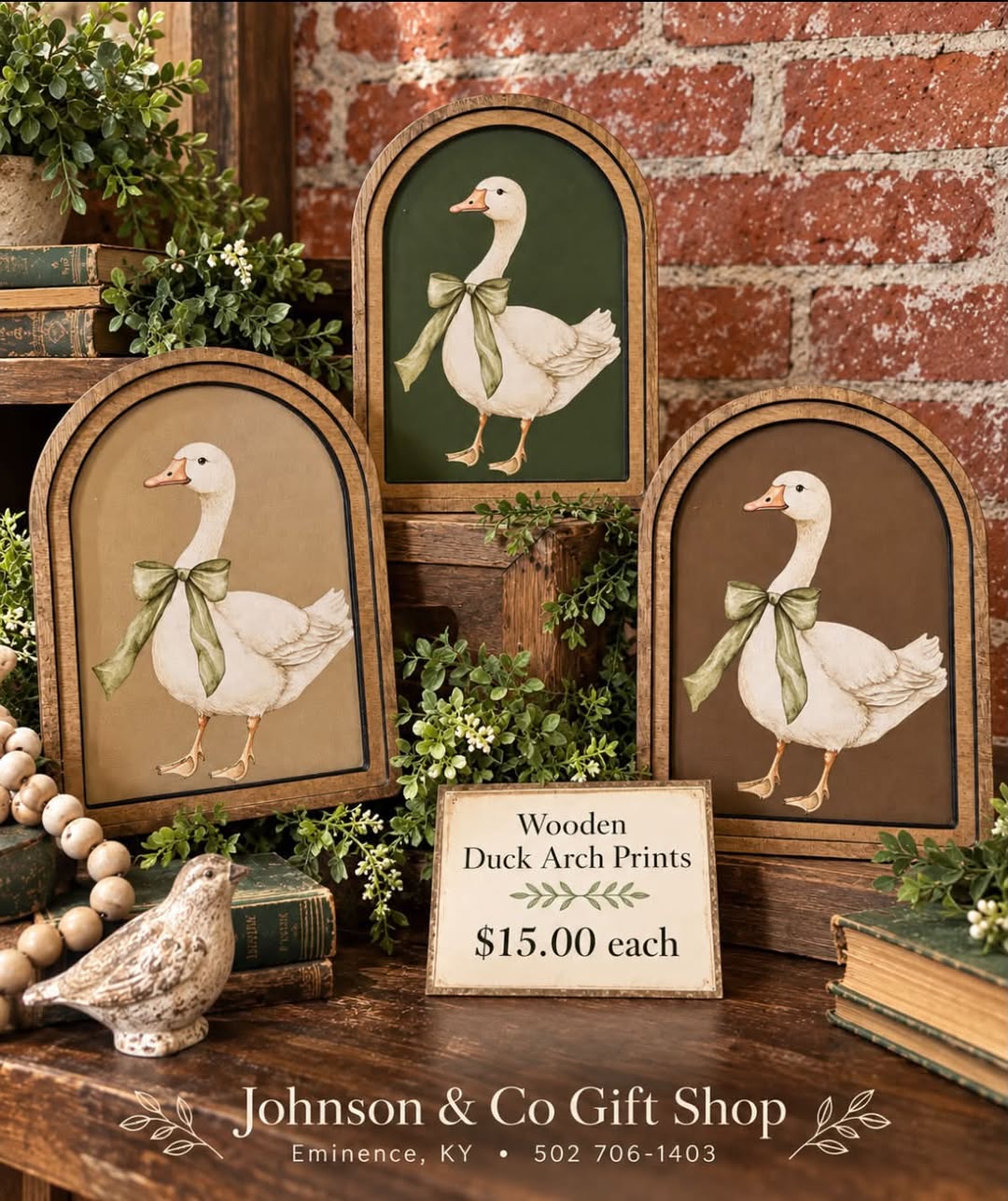 Wooden duck arch prints in green and brown, sold individually.