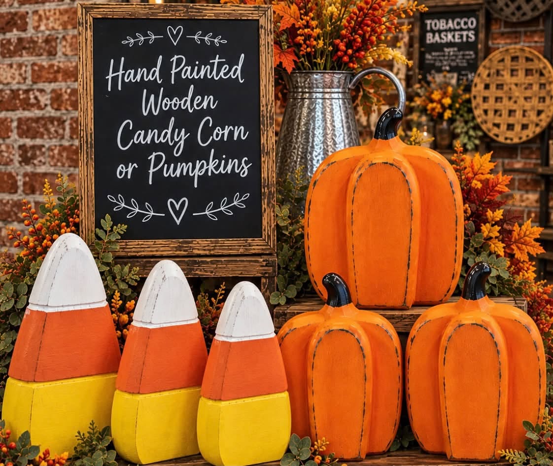 Hand-painted wooden candy corn and pumpkin decor.