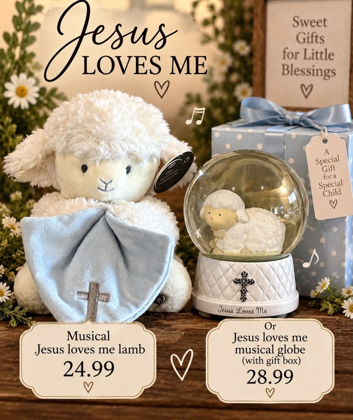 A Jesus Loves Me musical lamb and musical snow globe, gifts for a new baby.
