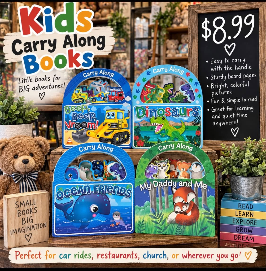 Kids Carry Along board books on display, $8.99 each.