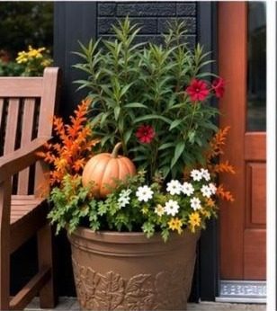 A fall planter with mums and a scarecrow outside the Gift Shop.