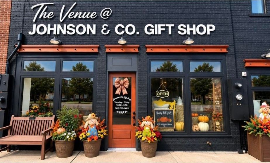 The Venue @ Johnson & Co Gift Shop storefront, decorated for fall with wreaths, pumpkins, and scarecrows.