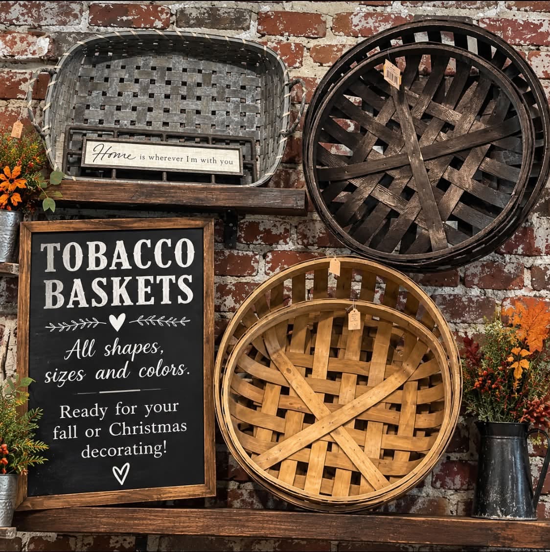 A wall display of tobacco baskets in different shapes, sizes, and colors.