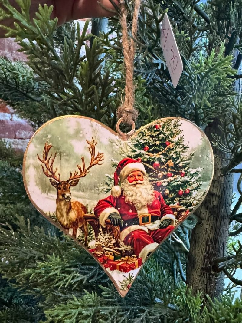 Heart-shaped Santa and deer Christmas ornament, new at the Johnson & Co Gift Shop.