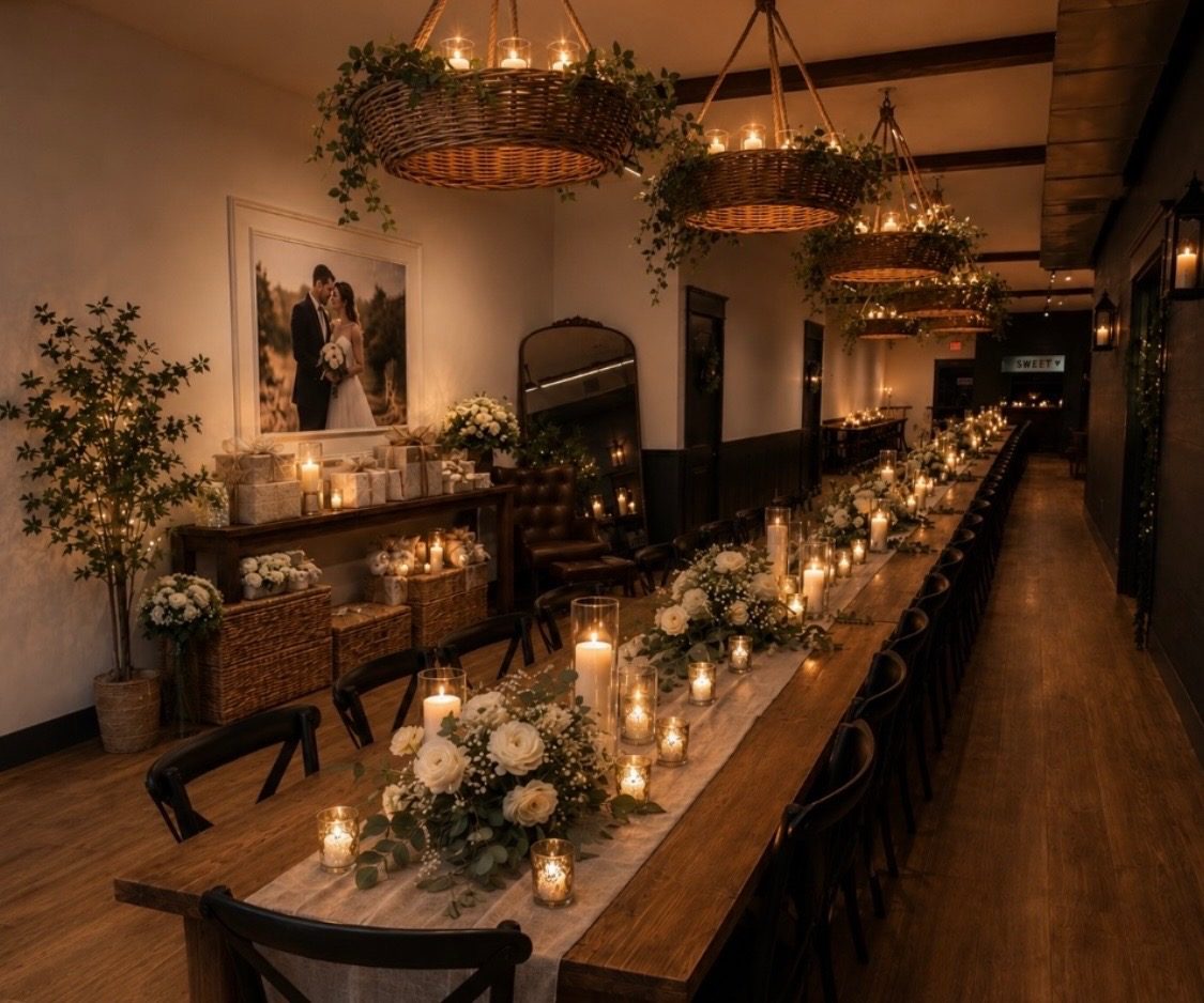 The long banquet table set for an event at The Venue, with white roses and candlelight.